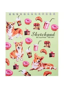 Скетчбук А6 60л "Корги и сладости" белый офсет, 80г/м2, тв.обложка, гребень