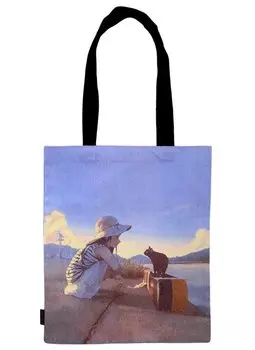 Сумка Аниме Девушка с кошкой у реки (Седзё) (цветная) (текстиль) (40х32)