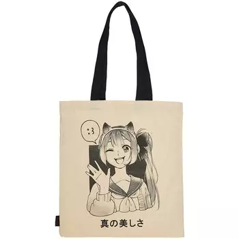 Сумка-шоппер Аниме Девушка с ушками ,Сёдзё, бежевая, текстиль 40см.*32см.