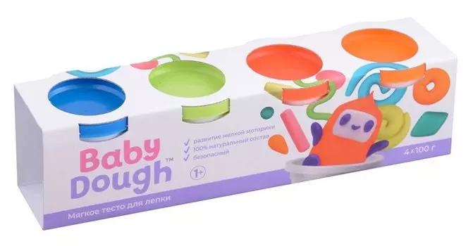 Тесто для лепки "BabyDough". Набор 4 цвета (синий, нежно-зеленый, красный, оранжевый)