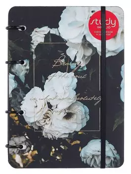 Тетрадь 120л кл. "Beauty", цветы, на кольцах, тиснение золотой фольгой, верт.резинка, обл. кож.зам