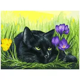 Живопись на холсте 30*40 см. Кот и крокусы (113-AS)
