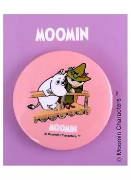 Значок круглый MOOMIN Муми-тролль и Снусмумрик на мосту (розовый) (металл) (38мм)