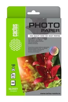 Фотобумага Cactus CS-GA518050 A5, 180г/м2, 50л, белая глянцевая для струйной печати