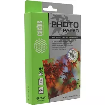 Фотобумага Cactus CS-GA6180100E 10x15, 180г/м2, 100л, белая глянцевая для струйной печати