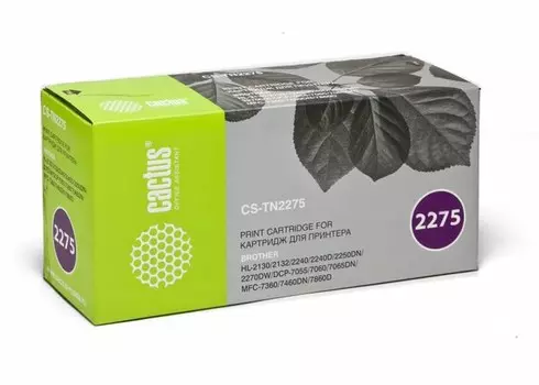 Лазерный картридж Cactus CS-TN2275 (TN-2275) черный для принтеров Brother DCP-7060, 7060DR, 7065, 7065DNR, 7070, 7070DWR, FAX 2845, 2845R, 2940, 2940R, HL 2240R, 2240DR, 2250DN, 2250DNR, MFC 7360, 7360NR, 7860DWR (2'600 стр.)