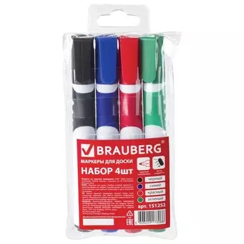 Маркеры для доски Brauberg Soft, набор 4 шт., резиновая вставка, круглый наконечник, 5 мм