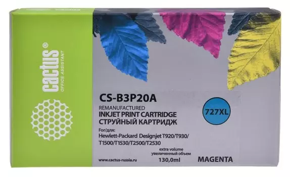 Струйный картридж Cactus CS-B3P20A (HP 727) пурпурный увеличенной емкости для HP DesignJet T920 ePrinter (CR354A), T930, T1500 ePrinter (CR356A), T1500 PostScript (CR357A), T1530, T2500 eMFP (CR358A), T2530 (130 мл.)