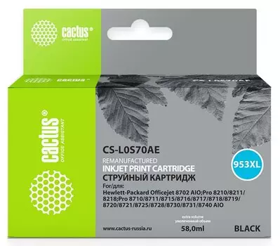 Струйный картридж Cactus CS-L0S70AE (HP 953XL) черный увеличенной емкости для HP OfficeJet 7720 Pro, 7730 Pro, 7740 Pro, 8210 Pro, 8218 Pro, 8710 Pro, 8715 Pro, 8716 Pro, 8720 Pro, 8725 Pro, 8728 Pro, 8730 Pro, 8740 Pro (58 мл.)