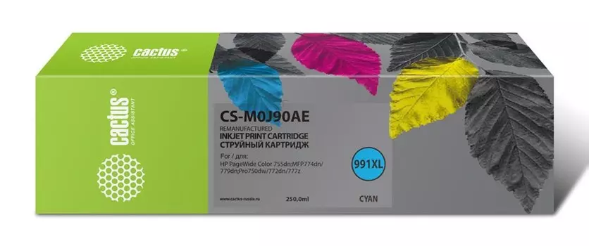 Струйный картридж Cactus CS-M0J90AE (HP 991) голубой увеличенной емкости для HP PW 755dn, MFP 774dn, 779dn, Pro 750dw, 772dn (250 мл.)