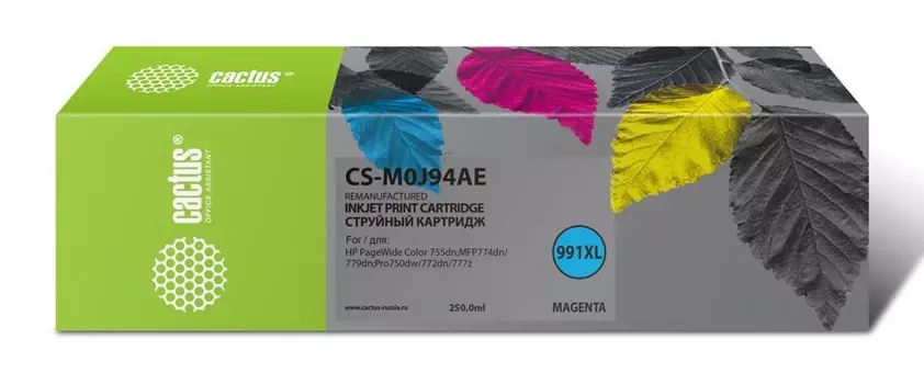 Струйный картридж Cactus CS-M0J94AE (HP 991) пурпурный увеличенной емкости для HP PW 755dn, MFP 774dn, 779dn, Pro 750dw, 772dn (250 мл.)