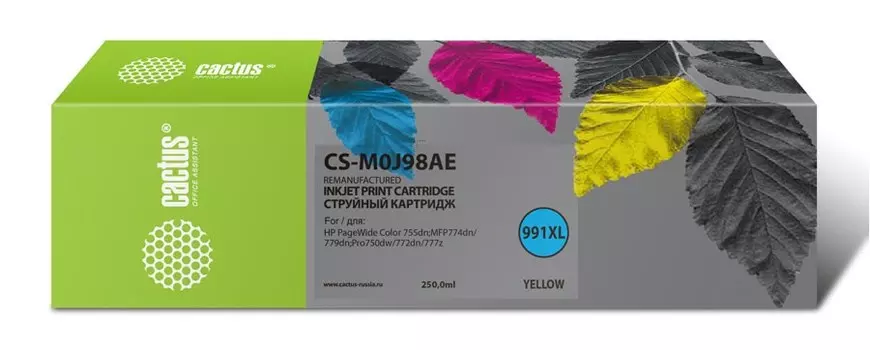 Струйный картридж Cactus CS-M0J98AE (HP 991) желтый увеличенной емкости для HP PW 755dn, MFP 774dn, 779dn, Pro 750dw, 772dn (250 мл.)