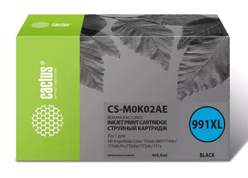 Струйный картридж Cactus CS-M0K02AE (HP 991) черный увеличенной емкости для HP PageWide 755dn, MFP 774dn, 779dn, Pro 750dw, 772dn (465 мл.)