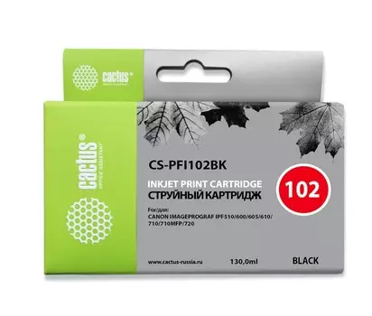 Струйный картридж Cactus CS-PFI102BK (PFI-102Bk) черный для Canon ImagePrograf iPF500, iPF510, iPF510 Plus, iPF600, iPF605, iPF610, iPF650, iPF655, iPF700, iPF710, iPF750, iPF760 MFP M40, iPF765, iPF765 MFP, LP17, LP24 (130 мл.)
