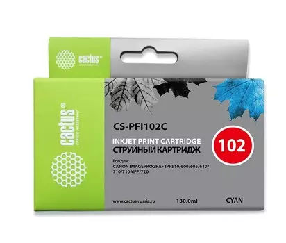 Струйный картридж Cactus CS-PFI102C (PFI-102C) голубой для Canon ImagePrograf iPF500, iPF510, iPF510 Plus, iPF600, iPF605, iPF610, iPF650, iPF700, iPF710, iPF720, iPF750, iPF760 MFP M40, iPF765, iPF765 MFP, LP17, LP24 (130 мл.)