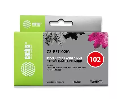 Струйный картридж Cactus CS-PFI102M (PFI-102M) пурпурный для Canon ImagePrograf iPF500, iPF510, iPF510 Plus, iPF600, iPF605, iPF610, iPF650, iPF655, iPF700, iPF710, iPF720, iPF750, iPF760 MFP M40, iPF765, LP17, LP24 (130 мл.)