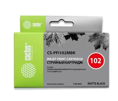 Струйный картридж Cactus CS-PFI102MBK (PFI-102MBk) черный матовый для Canon ImagePrograf iPF500, iPF510, iPF510 Plus, iPF600, iPF605, iPF610, iPF650, iPF655, iPF700, iPF710, iPF720, iPF750, iPF755, iPF760, iPF765, LP17, LP24 (130 мл.)