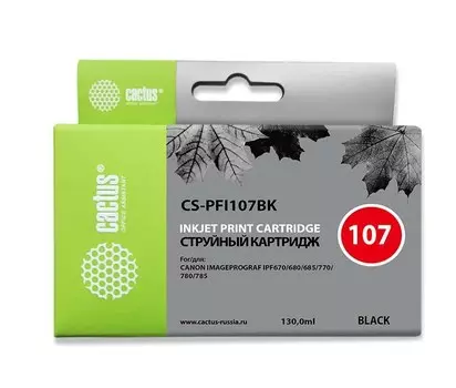 Струйный картридж Cactus CS-PFI107BK (PFI-107) черный для Canon ImagePrograf iPF670, iPF670 MFP L24, iPF680, iPF681, iPF685, iPF686, iPF770, iPF770 MFP L36, iPF780, iPF780 MFP M40, iPF781, iPF785, iPF785 MFP M40, iPF786 (130 мл.)