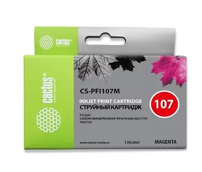 Струйный картридж Cactus CS-PFI107M (PFI-107M) пурпурный для Canon ImagePrograf iPF670, iPF670 MFP L24, iPF680, iPF681, iPF685, iPF686, iPF770, iPF770 MFP L36, iPF780, iPF780 MFP M40, iPF781, iPF785, iPF785 MFP M40, iPF786 (130 мл.)