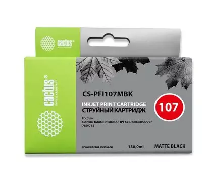 Струйный картридж Cactus CS-PFI107MBK (PFI-107) черный матовый для Canon ImagePrograf iPF670, iPF670 MFP L24, iPF680, iPF681, iPF685, iPF686, iPF770, iPF770 MFP L36, iPF780, iPF780 MFP M40, iPF781, iPF785, iPF785 MFP M40, iPF786 (130 мл.)