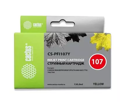 Струйный картридж Cactus CS-PFI107Y (PFI-107Y) желтый для Canon ImagePrograf iPF670, iPF670 MFP L24, iPF680, iPF681, iPF685, iPF686, iPF770, iPF770 MFP L36, iPF780, iPF780 MFP M40, iPF781, iPF785, iPF785 MFP M40, iPF786 (130 мл.)