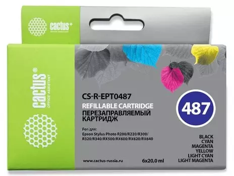 Струйный картридж Cactus CS-R-EPT0487 (T0487) черный, голубой, пурпурный, желтый, светло-голубой, светло-пурпурный набор (88 мл) для Epson SеPh R200, R220, R300