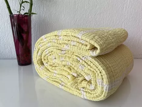 100% хлопковое муслиновое полосатое одеяло, 4-слойное покрывало, мягкое турецкое хлопковое муслиновое покрывало, двустороннее покрывало, желтое (две наволочки 20x30) DEKADRON, Yellow