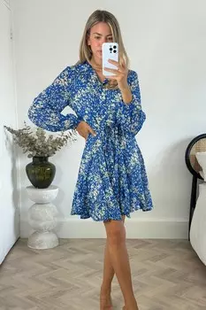 100% хлопок myla мини платье рубашка с завязками на резинке Style Cheat, синий