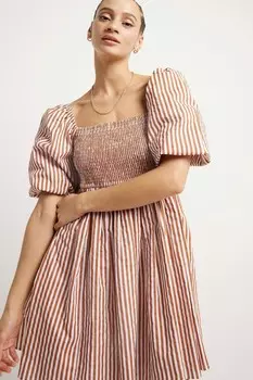 100% хлопок полосатый мини платье с рукавами фонариками River Island, коричневый