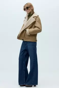 100% кожаное двухстороннее короткое пальто ZARA, кэмел