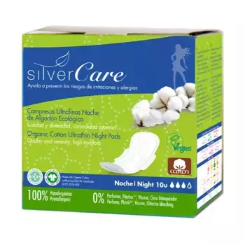 100% органический хлопок Compresas Ultrafinas Noche Con Alas Silver Care, 10 UD