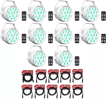 (10) Rockville RockPAR TRI LED RGB DJ White DMX Par Wash Lights+Remotes+Cables (10) ROCKPAR TRI WHITE+RDX3M25+RDX3M10