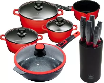11 штук Набор KING Advantage RED: 4 шт. Набор кастрюль из литого алюминия красного цвета: 3 кастрюли диаметром 16