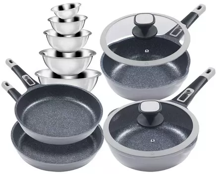 11 штук Профессиональный набор сковород »Moonscape 4« СЕРЫЕ глубокие сковороды со стеклянными крышками (24см 28см) + плоские сковороды (24см 28см) + 5 шт. Набор чаш King