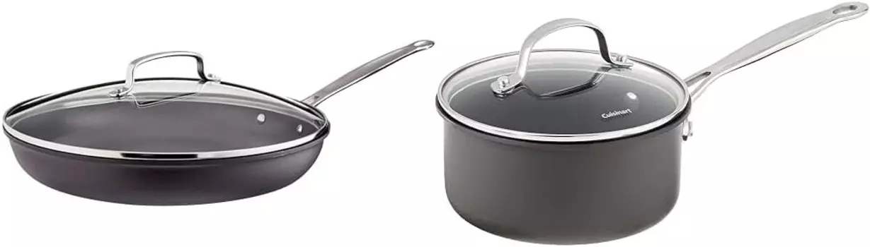 12-дюймовая сковорода Cuisinart с твердым анодированным антипригарным покрытием и стеклянной крышкой, 622-30G и классическая кастрюля Chef's Classic с антипригарным покрытием и твердым анодированием на 1,5 литра с крышкой, черная