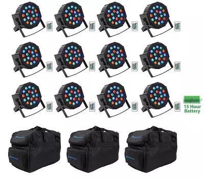 12) Rockville BATTERY PAR 50 Аккумуляторная светодиодная подсветка DMX DJ Wash Up-Lights + Пульты + Сумки (12) BATTERY PAR 50+(3) RLB30