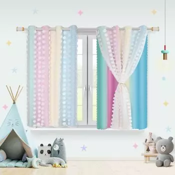 132х160см комнатные шторы, детские шторы с помпоном, шторы на люверсах с белым тюлем, двухслойные шторы, шторы для детской комнаты, шторы на окно, розовые BTTO