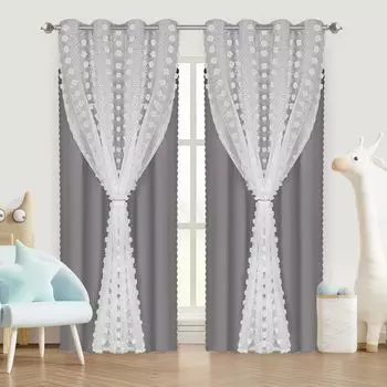 132x213см, комплект плотных бархатных штор из 2 шт., непрозрачные шторы, лента с рюшами, плотные шторы, гостиная, бежевый BTTO, светло-серый