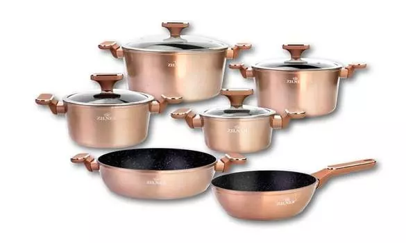 15 штук. Красивые кастрюли из розового золота с кастрюлей и 2 сковородками, литой алюминий, идеальная идея для подарка, 1,9 л / 2,1 л / 2,3 л / 3,2 л / 4,3 л / 6,5 л Zilner, розовый