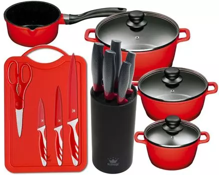 15 штук Набор KING Advantage RED: 4 шт. Набор кастрюль из литого алюминия красного цвета, 3 кастрюли 16, 20, 24см, 1 кастрюля 16см + 6 предметов. Набор ножей KING CARBON RED LINE + 5 шт. Набор ножей RED 3 ножа, 1 разделочная доска, 1 ножницы