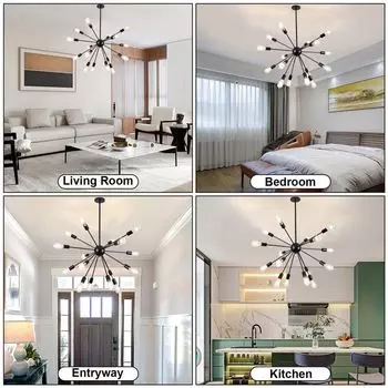 (16 лампочек, черный, лампочка в комплект не входит) Черная люстра, современный потолочный светильник середины века из матовой латуни для гостиной, столовой, кухни, фойе, прихожей, спальни ele eleoption