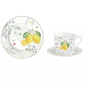 18 штук Кофейный сервиз FLEURS ET CITRONS лимоны белый желтый из фарфора Easy Life