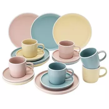 18 штук Кофейный сервиз Lina на 6 персон, тарелка для торта, чашка, мятно-желтый, розовый керамогранит Van Well