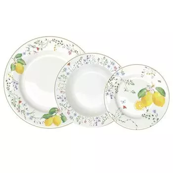 18 штук Набор тарелок FLEURS ET CITRONS лимоны белый желтый из фарфора Easy Life