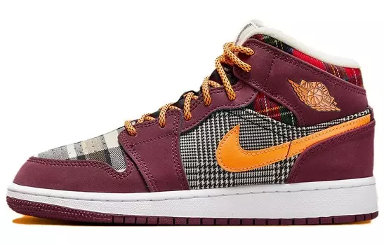 1 Mid SE Plaid GS, кроссовки женские Jordan, красный/оранжевый/серый