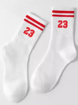 1 пара мужских носков для экипажа, красные № 23, двойные полоски, удобные антибактериальные впитывающие пот повседневные спортивные носки для повседневного ношения, многоцветный