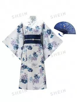 1 Предмет, цветочный принт, рукава «летучая мышь», пояс, юката (японское повседневное кимоно) и платье без бретелек, легко носить Shein, абрикосовый