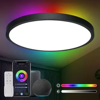 24W Smart WiFi RGB LED Потолочный светильник с регулируемой яркостью Потолочный светильник для гостиной Прихожая с дистанционным управлением, черный Anten