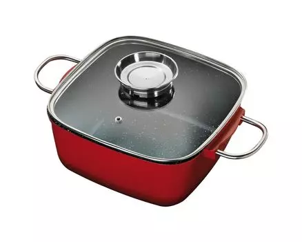 24x24см Жаровня KING из литого алюминия со стеклянной крышкой и кнопкой ароматизации / цвет: красный / внутреннее керамическое покрытие: FUSION