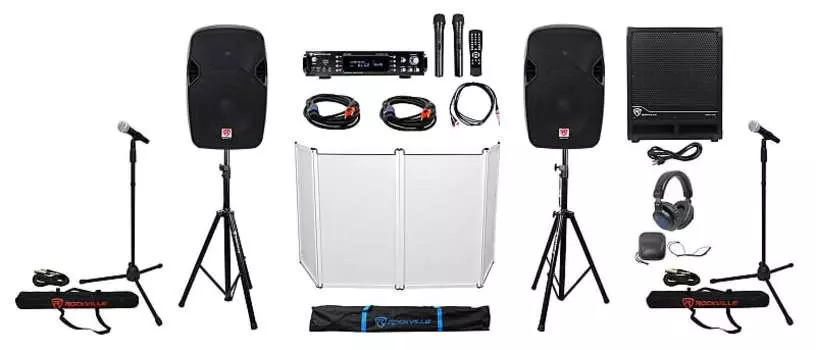 (2) 12-дюймовые диджейские колонки+сабвуфер+усилитель+наушники+фасад+микрофоны+стойки+кабели+сумка Rockville (2) SPGN124+RVSS2+RPA70WBT DJ PACK 5